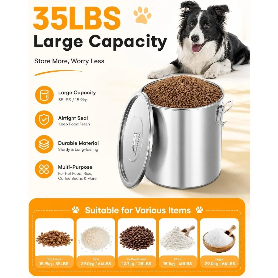 35LBS Airtight Stainless Steel Dog Food Storage Container