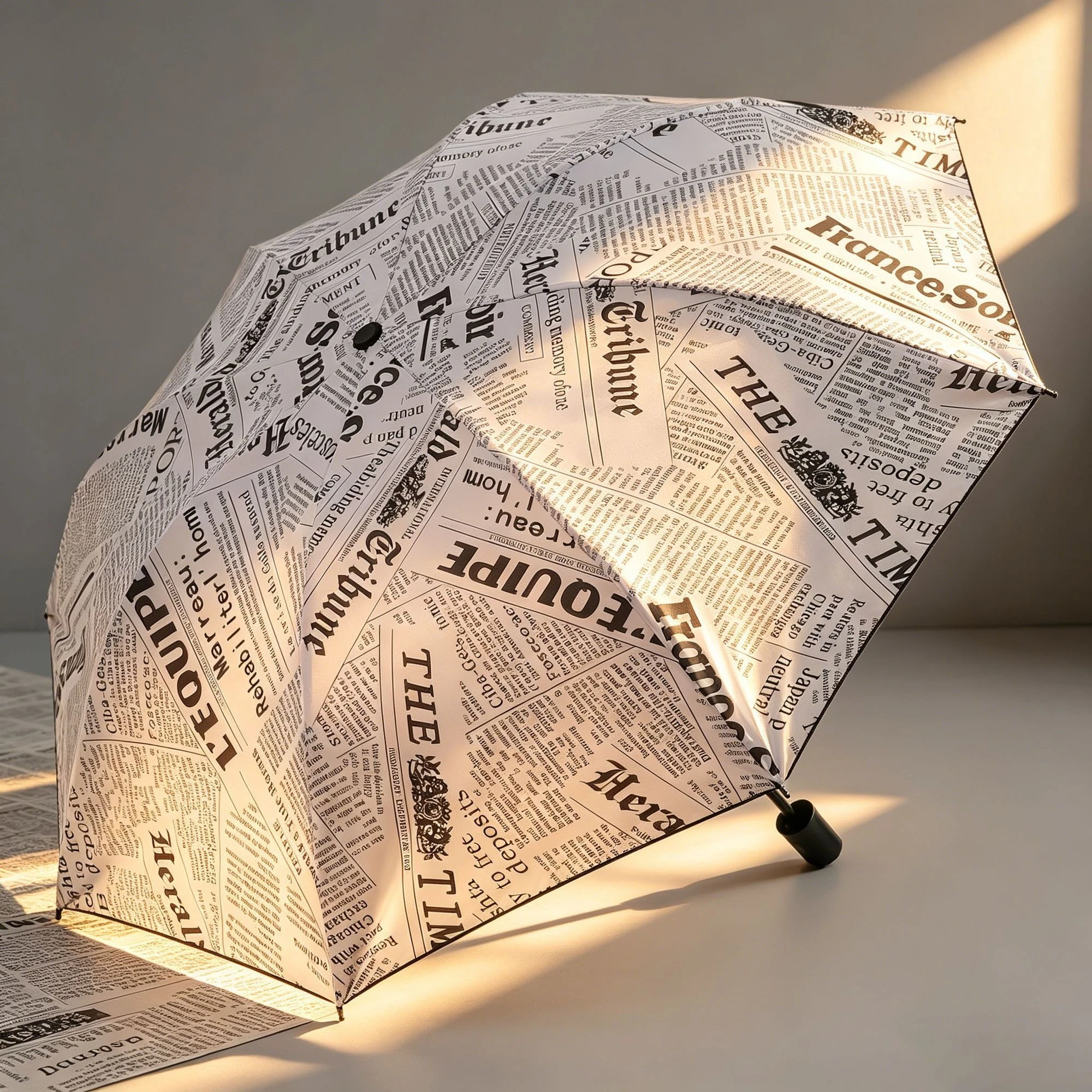 Newspaper Pattern Reverse Umbrella Rain Sun Black Coating UV Protection Reinforced Foldable Dual Use Umbrella