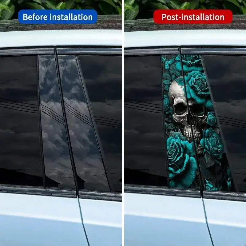Turquoise Skull Car Sticker 2-Piece Set Waterproof Vinyl Sticker for Door Pillar Scratch Cover and Trim