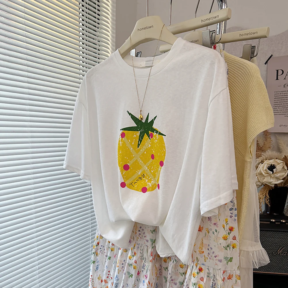 المرأة رقيقة تي شيرتات رائع الصيف عادية فضفاض س الرقبة الفراولة طباعة الأساسية تي شيرت الإناث قصيرة الأكمام سليم صالح تيز القمم