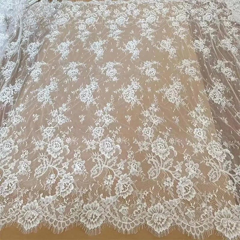 3Meters .High End Border Eyelash Lace Fabric .Wedding Dress  White Geometric Flowers Sewing Accessories