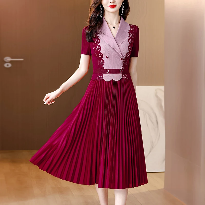 2024 Summer New Three Mansion Pleated Suit Collar Short Sleeve Dress Elastic Large Size Skin Covering Slimming Knee Length Dress