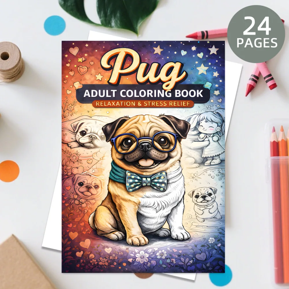 A4 Cute Pug Dog Coloring Book 24 Pages Adorable Puppy Illustrations for Adults Stress Relief Relaxation Gift