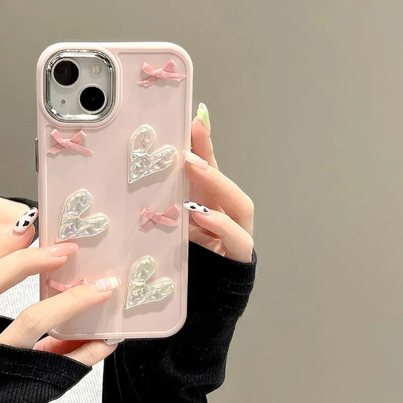 Pink Love Bow Cute Simple 14promax for Apple 15 Phone Case Iphone13 Stereo Laser 11 for 12 Soft Small Fresh