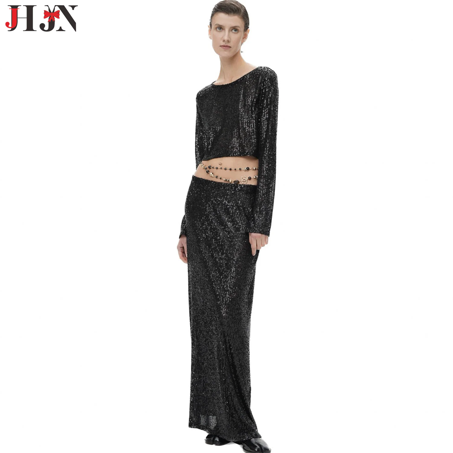 

2-Piece Set Of Women's Clothing Long Sleeved Shirt Half Skirt Glitter High Elasticity Beads Neutral And Minimalist Luxury Brand