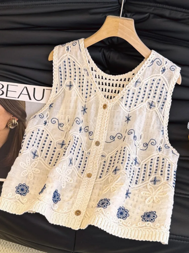 الكورية Sle ort Svel V-Ne محبوك سترة الجوف خارج التطريز الصيف رقيقة ملابس خارجية سترة المرأة Faion