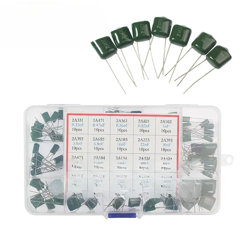 150/180/620PCS Polyester Film Capacitor Kit 100V 1nF 1.5nF 2.2nF 100nF 2A102J 2A471J 2A222J 2A392J 2A332J 2A472J 2A103J 2A473J