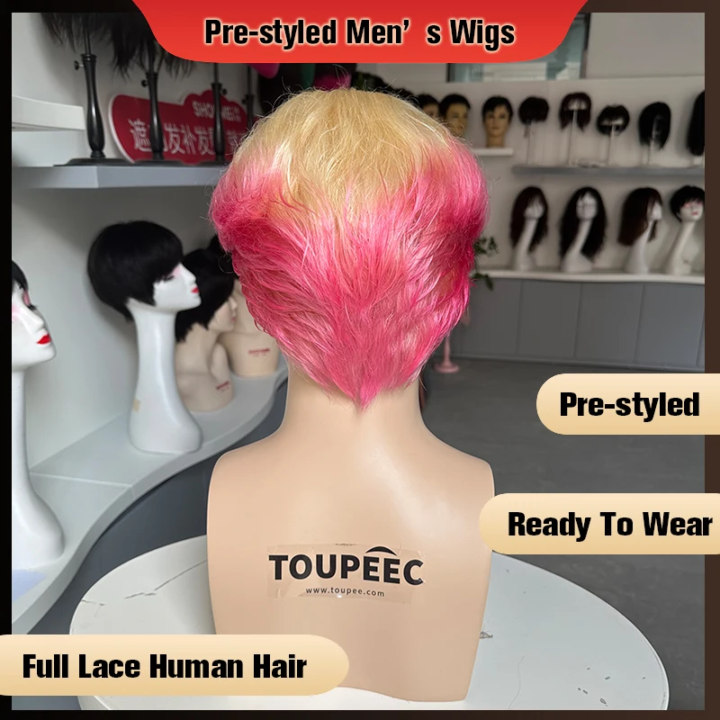Pre-styled Men Full Lace Human Hair Wig Ombre Blonde 613 Hot Pink Short Hairstyle For Remy Human Hair Fashion Men Wigs