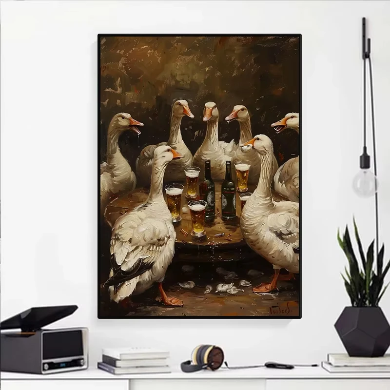 Animals Drinking Beer in A Tavern Poster Retro Monkey Dog Cat Penguin Party Canvas Painting Wall Art for Living Room Home Decor