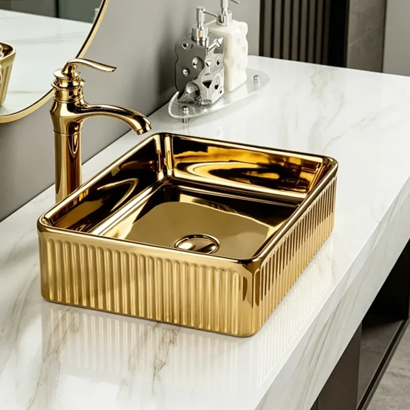 36Cm*36Cm Square Design Ceramic Washbasin with Gold Stripes, Ideal for Modern Bathroom Equipment, Suitable for Changing Rooms, Vanity Tables, Bathrooms, Toilets, and Rvs