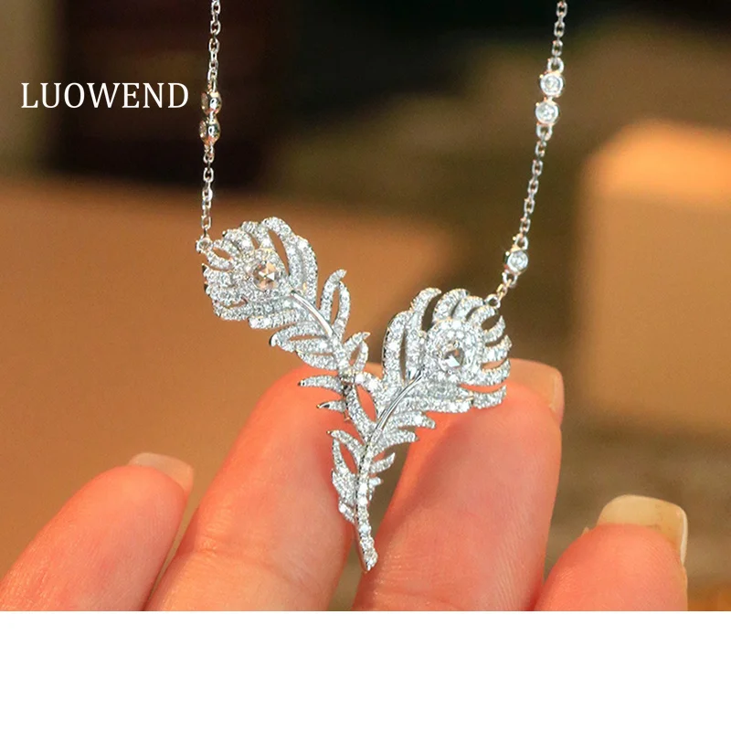 

LUOWEND 100% 18-каратное белое золотое ожерелье с подвеской в форме пера, украшенной натуральными бриллиантами, для женщин, элитные ювелирные изделия для вечеринок