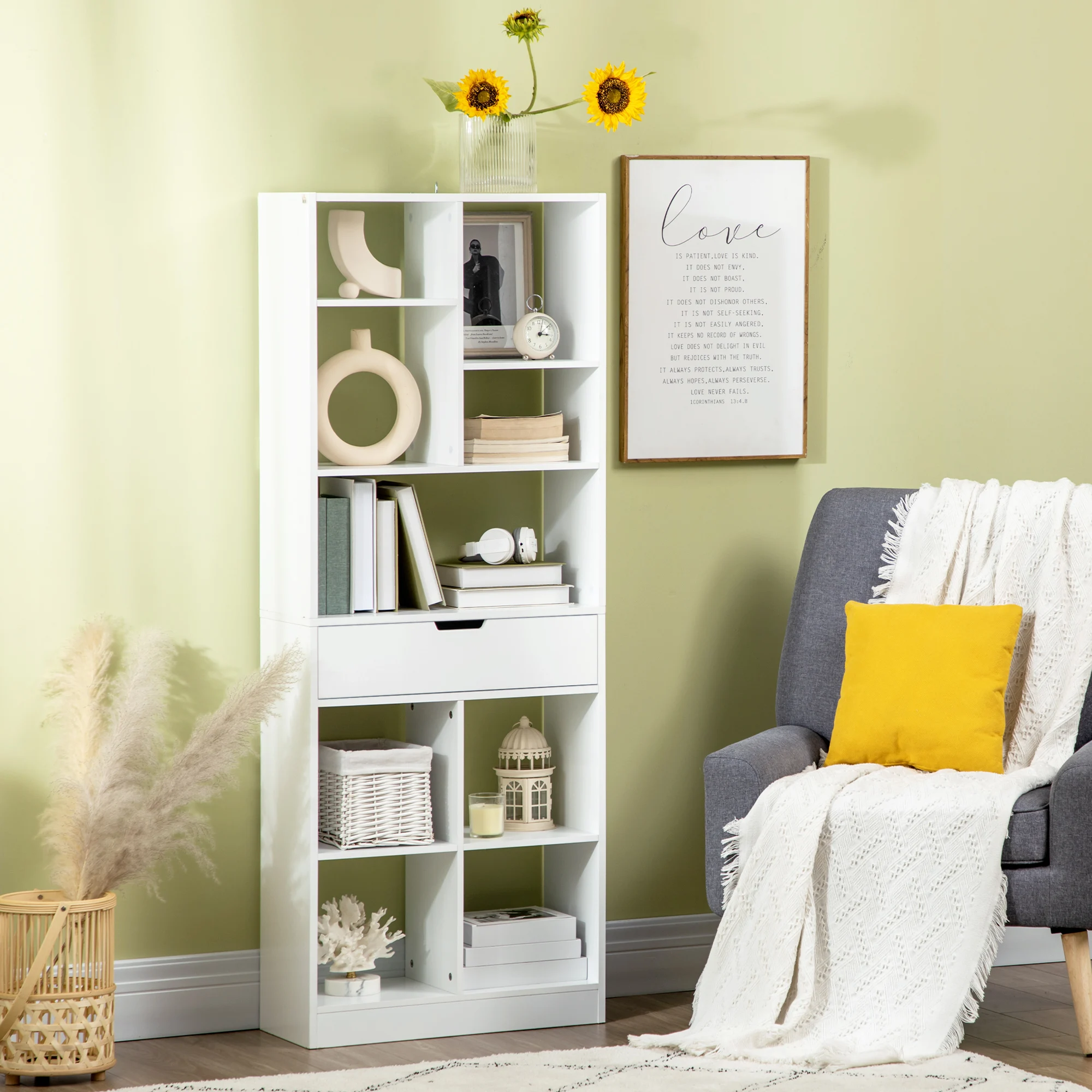 HOMCOM Estantería de Madera con 1 Cajón y 9 Compartimientos Abiertos 60x26x158cm