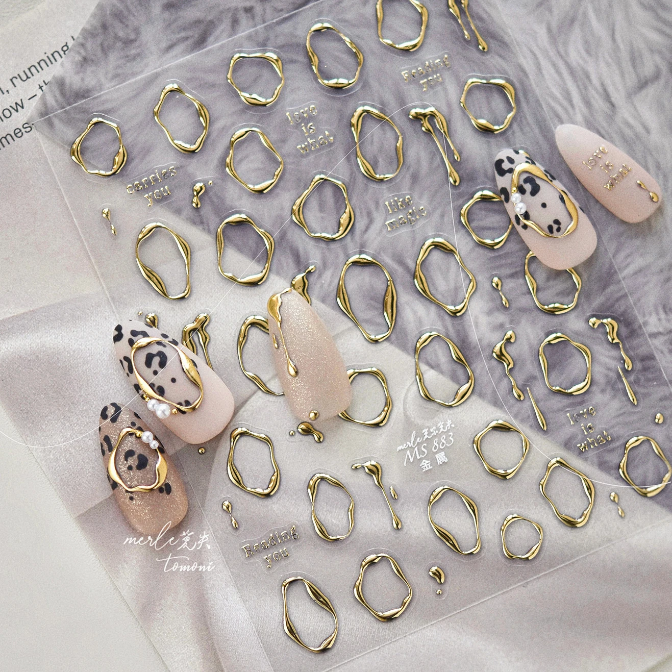 5D Gold Silver Metallic Nail Stickers Irregular Circle Drips Ribbon Love Quotes Nail Art Decals Manicure DIY Fashion Accessories