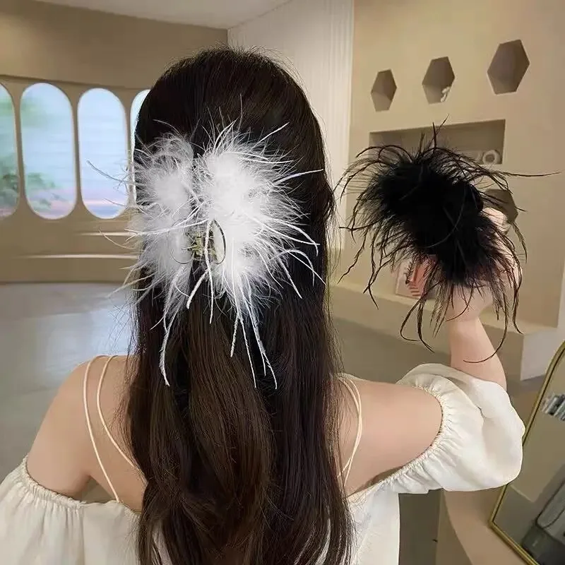 Super Fairy Ostrich Feather Hair Clips Women Ladies Elegant  Black White Feather Hairpins Clamps Claw Shark Clip Accessories