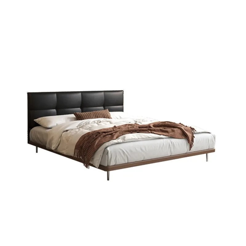 Chocolate bed Italian minimalist leather bed Master bedroom Modern ash wood black medieval solid wood bed