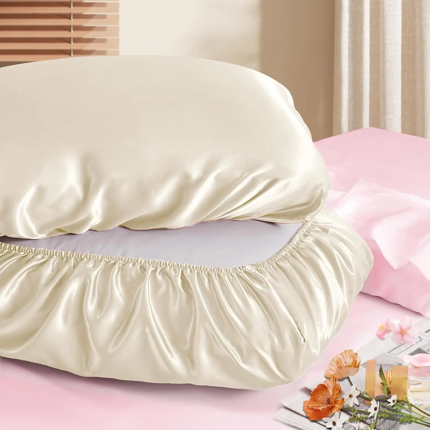2Pcs Satin Pillowcase,Elastic Band Standard Queen Size Silky Smooth For Hair And Skin,Machine Washable Long-Lasting Fabric