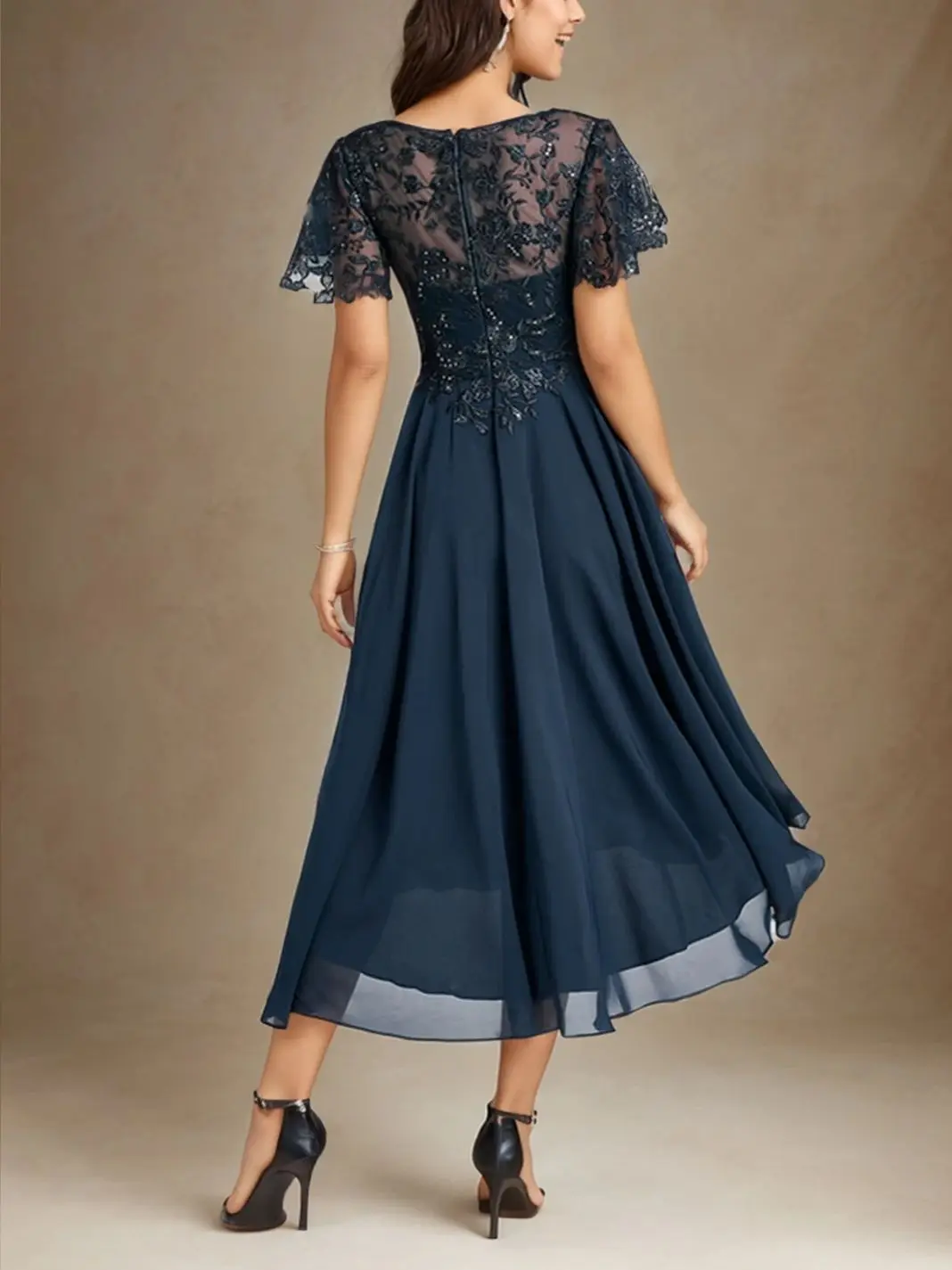 فستان أم العروس أنيق على شكل حرف a شيفون دانتيل طول الشاي خط عنق غير متماثل كم قصير فستان 2025 مخصص مجاني #2