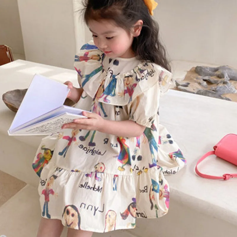 Girls\' Dresses Ruffled Short Sleeved Cartoon Sweet Dress Girls Fashion Kids Outfit Irregular Dresses For Girls Baby Kids Clothes