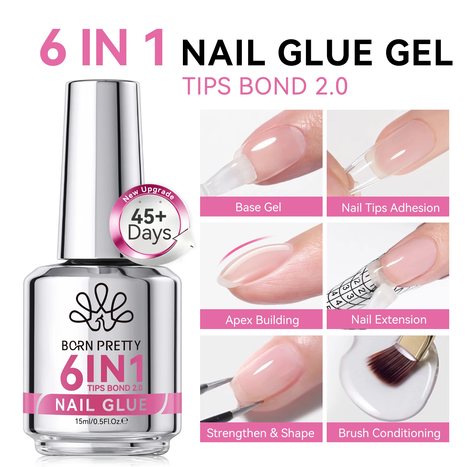 BORN PRETTY 15ml 6 in 1 Nail Glue Gel Polish New 2.0 For Acrylic Nails Soak Off Base Gel Top Coat UV Extension False Nail Tips