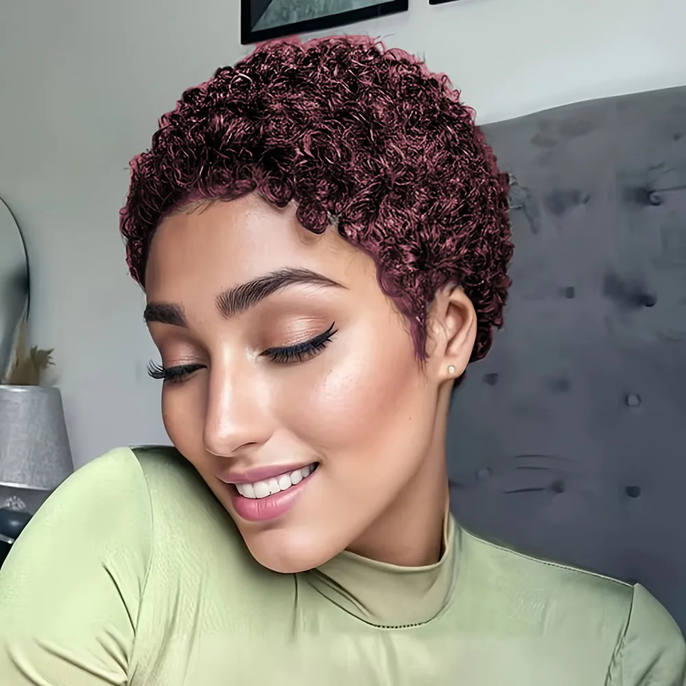 密度150% 4インチ フルマシンメイド ショートアフロカーリー人毛ウィッグ アフロショートウィッグ 女性用ピクシーカットウィッグ人毛