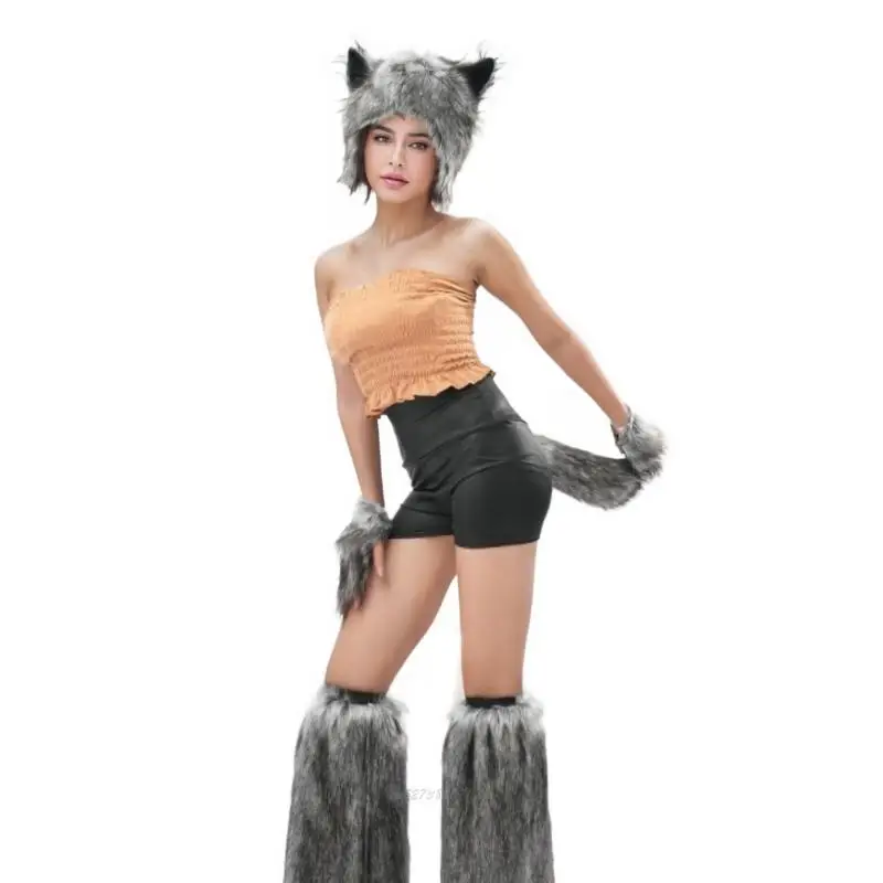 X5XA Plush Gray Wolf Headpiece Set With Animal Ears and Matching Costume Accessories for Themed Photos and Fall Styling