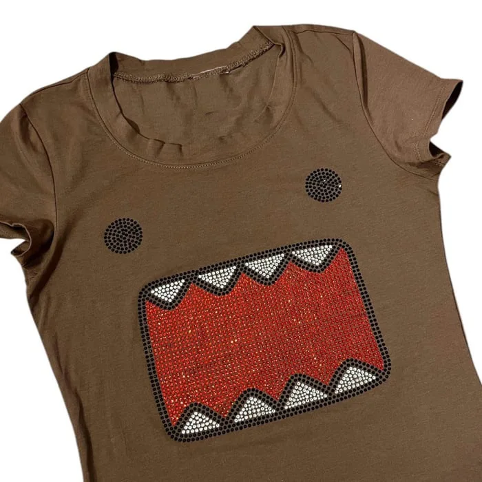 Y2K Grunge Damen Slim Kurzarm T-Shirt Braun U-Ausschnitt Strass Domo Kun Mund Grafik Tee Alt Harajuku Streetwear Top – Detail 2