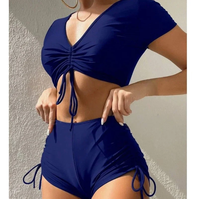 Swimwear Women Bikinis Two Pieces Set Casual Solid Short Sleeve Drawstring High Waist Bikini Sexy Swimsuit Vacation Beachwear