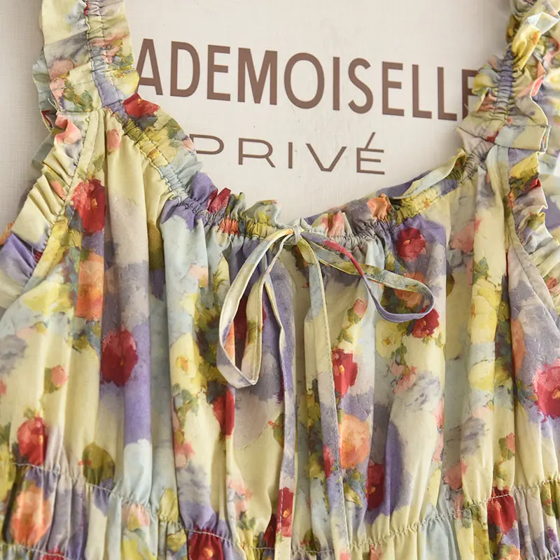 Letnia sukienka damska z długim paskiem, wzór retro olejny, kwiatowy, wyszczuplająca talię, styl Faion Dr, lato 2025.