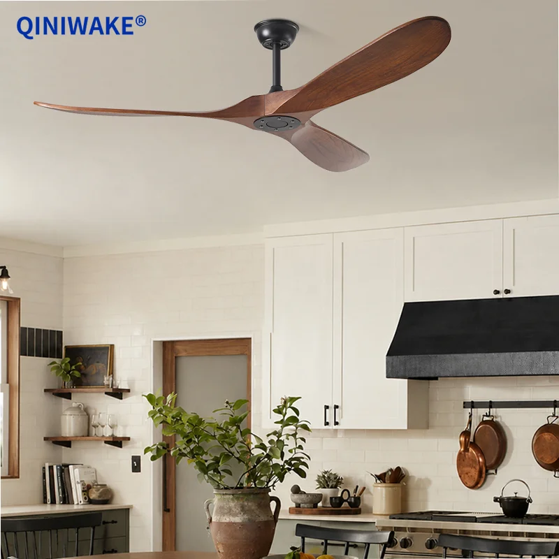 QINIWAKE 36/42/52/60/70/88 Inch Solid Wood Ceiling Fan Vintage DC Motor Remote Control 6-Speed for Home Living Room Coffee Shop