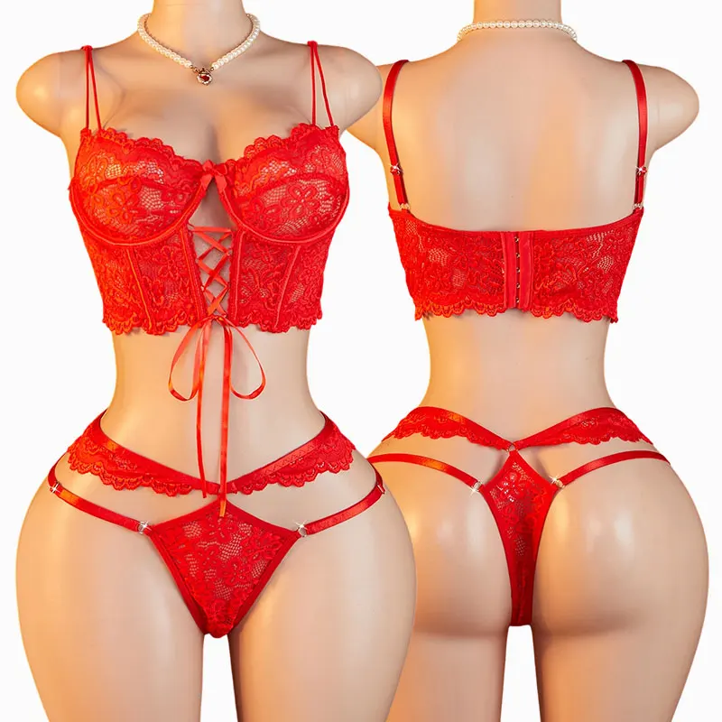 Sheer Bra And Panty Set Women's Delicate Lingerie Desire Babydoll Outfit Plus Size Lace Front Tie Corset Underwear With Push-Up