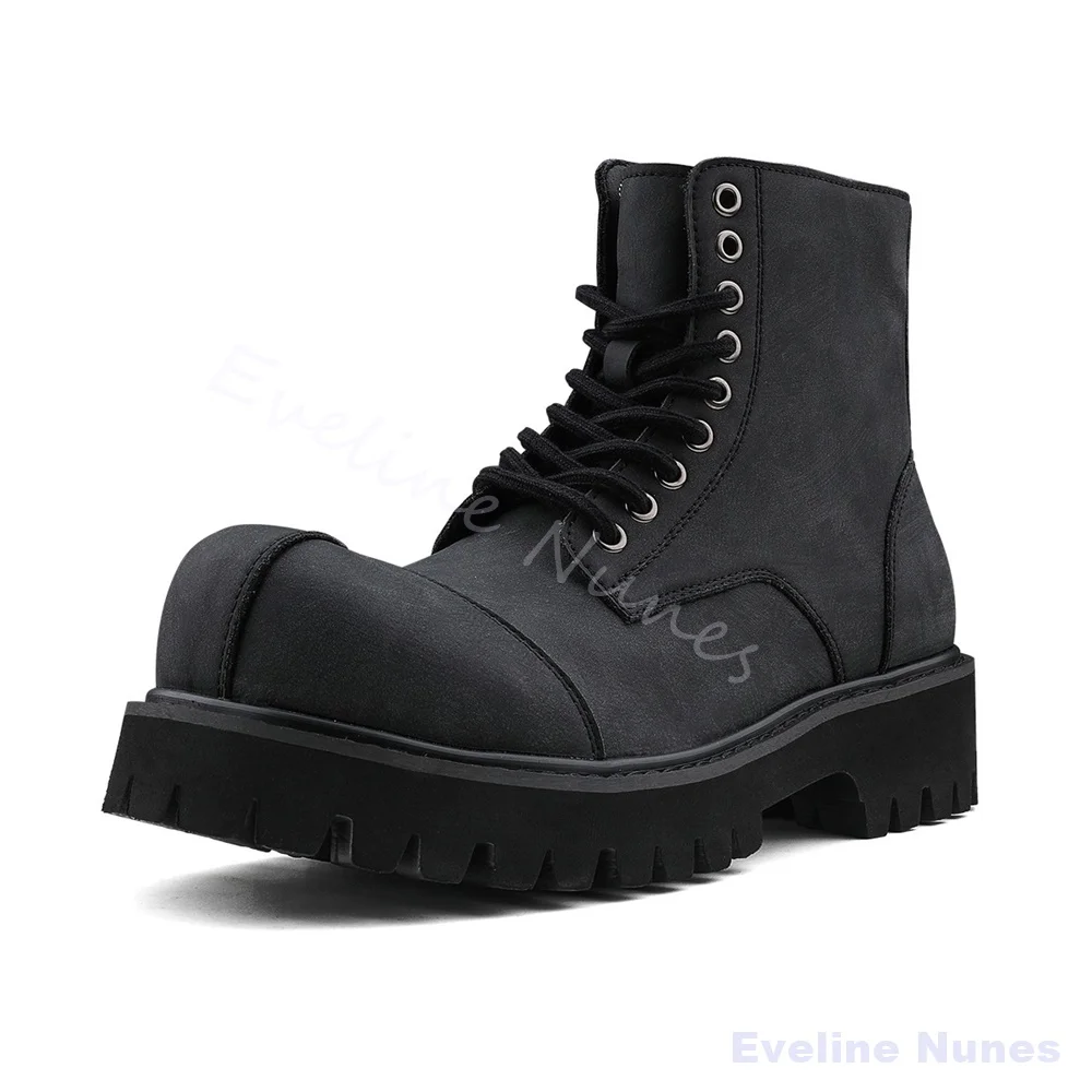 Black Distressed Matte Leather Ankle Boots Men Cap Stitching Lace-Up Platform Motorcycle Shoes Punk Gothic Street Combat Boots