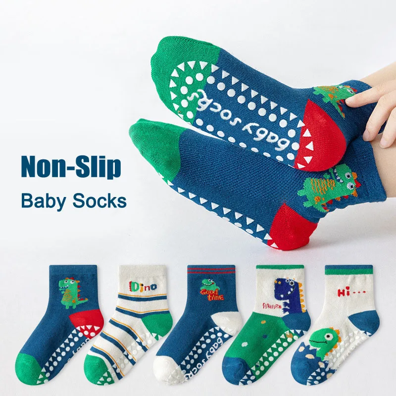 5 Pairs Kids Socks Cute Cartoon Dinosaur Pattern Breathable Boys Children Baby Non-Slip Floor Socks for Spring And Summer