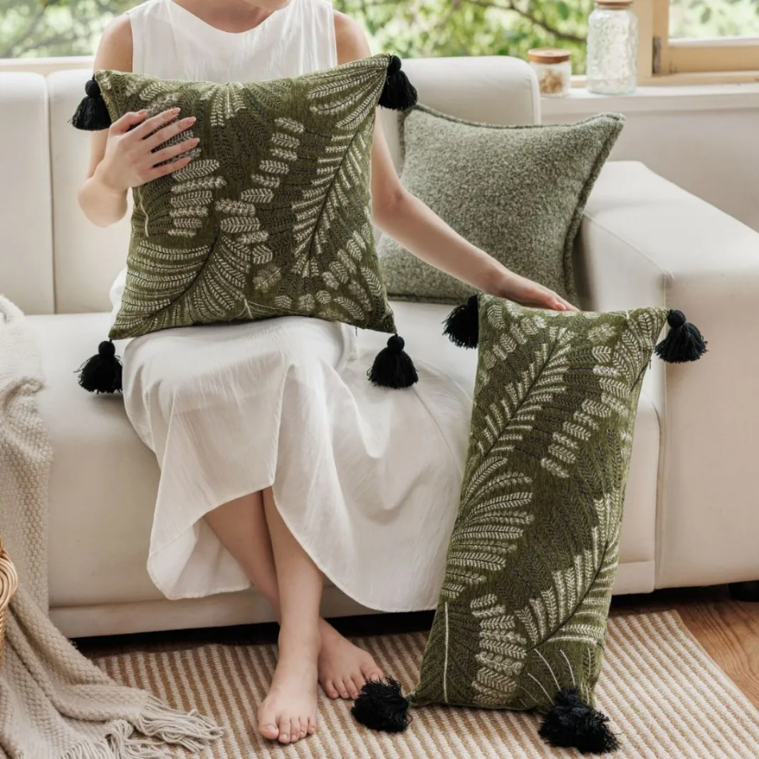 Retro Green Fern Leaf Cushion Cover Chenille Tassel Soft Textured Decorative Throw Pillowcase for Sofa Living Room Home Decor