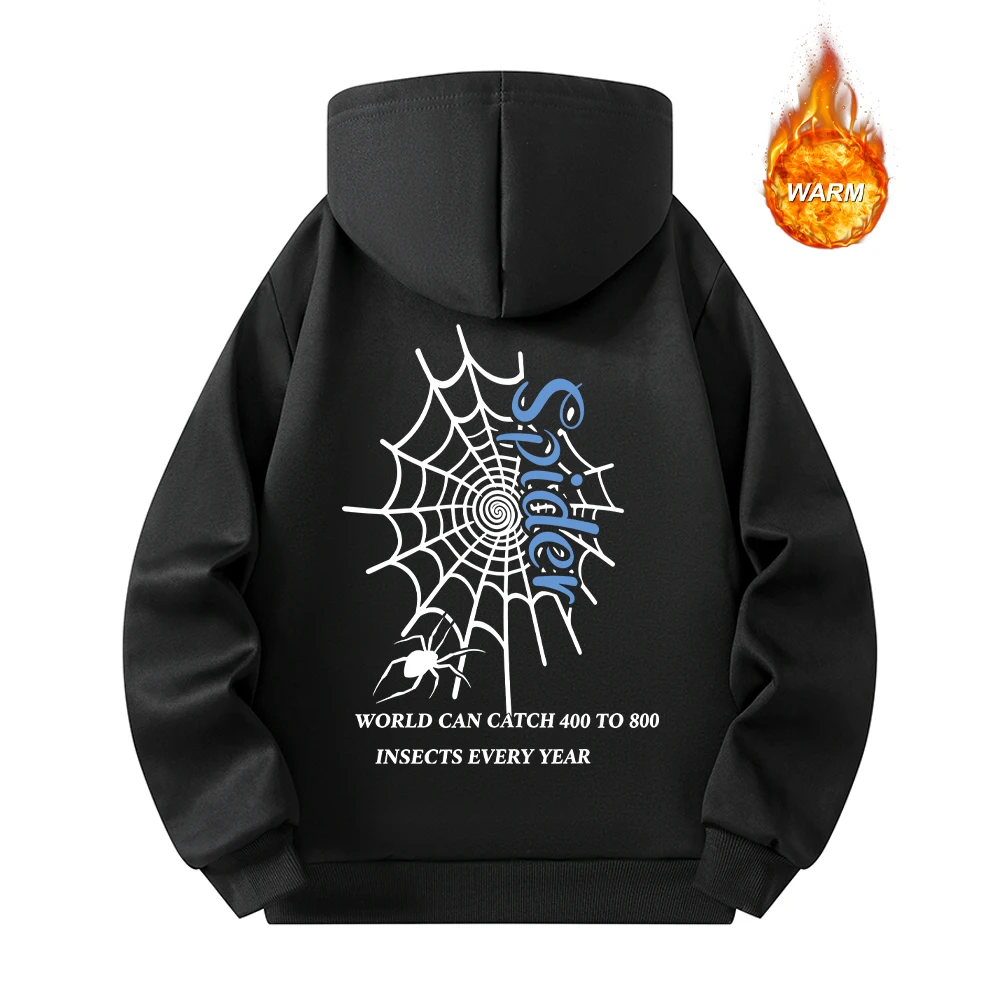 Men's Half Zip Hoodies Trendy Spider Web Print Thick And Warm Pullover Sweatshirt Autumn Everyday Street And Commute Wear