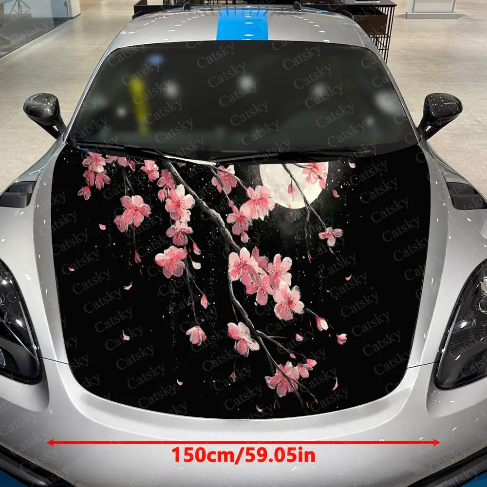 Moonlit Cherry Blossom Fall Car Vinyl Wrap, PVC Waterproof Car Hood Sticker, Self-Adhesive Scratch-Resistant Stickers