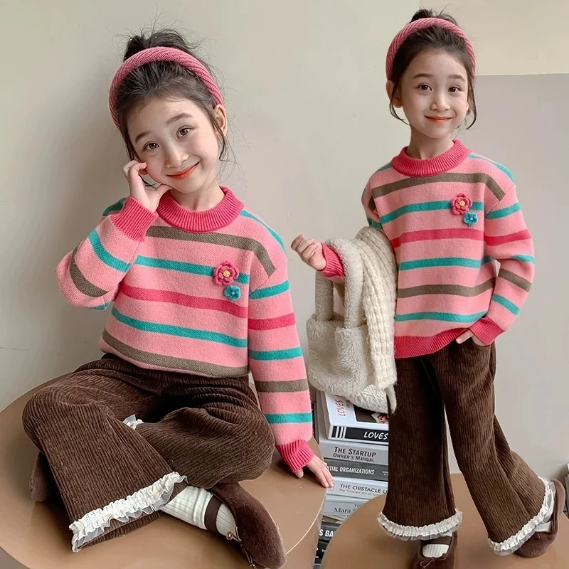 

Girls Autumn Winter New Casual Cute Striped Korean Style Knitted Long Sleeve Sweater 1-8Years Kids Trend Top Streetwear Clothes