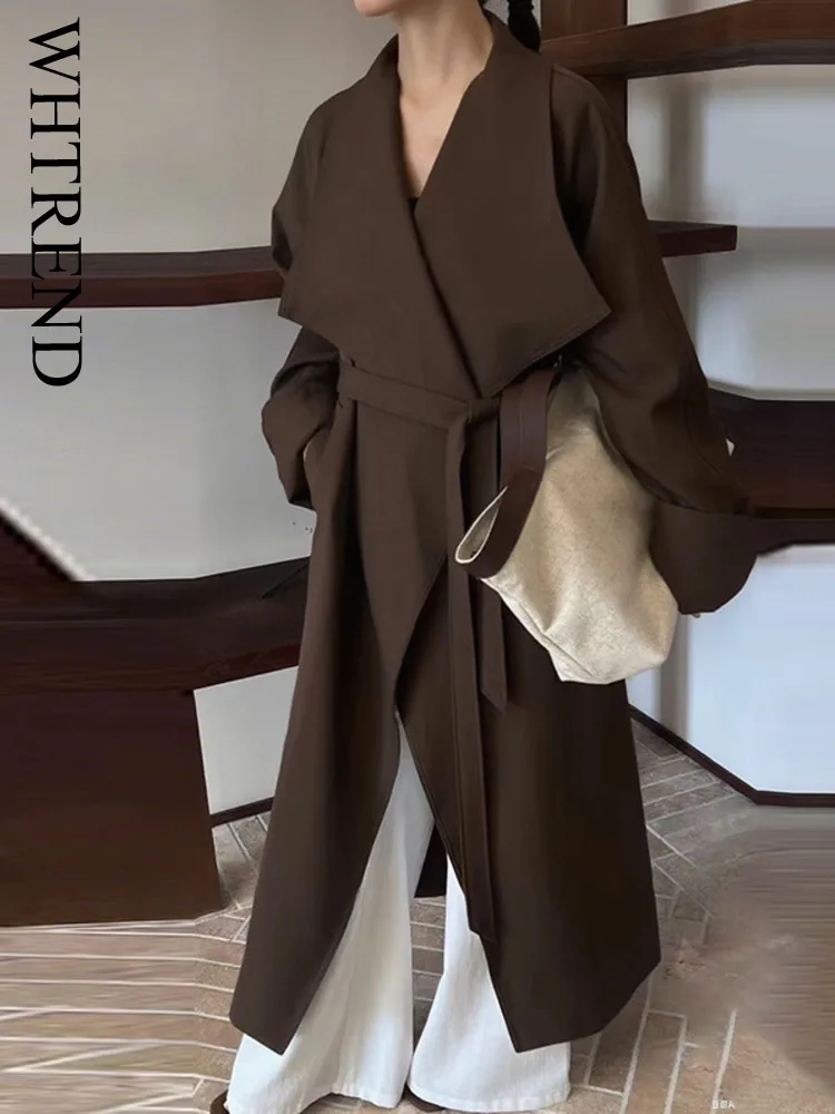 

WHTREND Элегантный элитный плащ в корейском стиле, универсальные однотонные свободные пальто средней длины на шнуровке, осень 2023, новинка WH1922