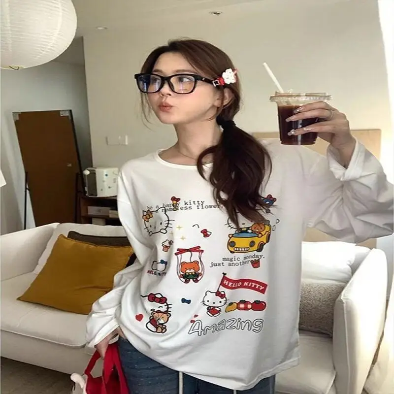 

Sanrio Hello Kitty Long Sleeve T Shirt Cotton Women Casual Wear Summer New Korean Fashion Lazy Style Versatile Loose Cute Print