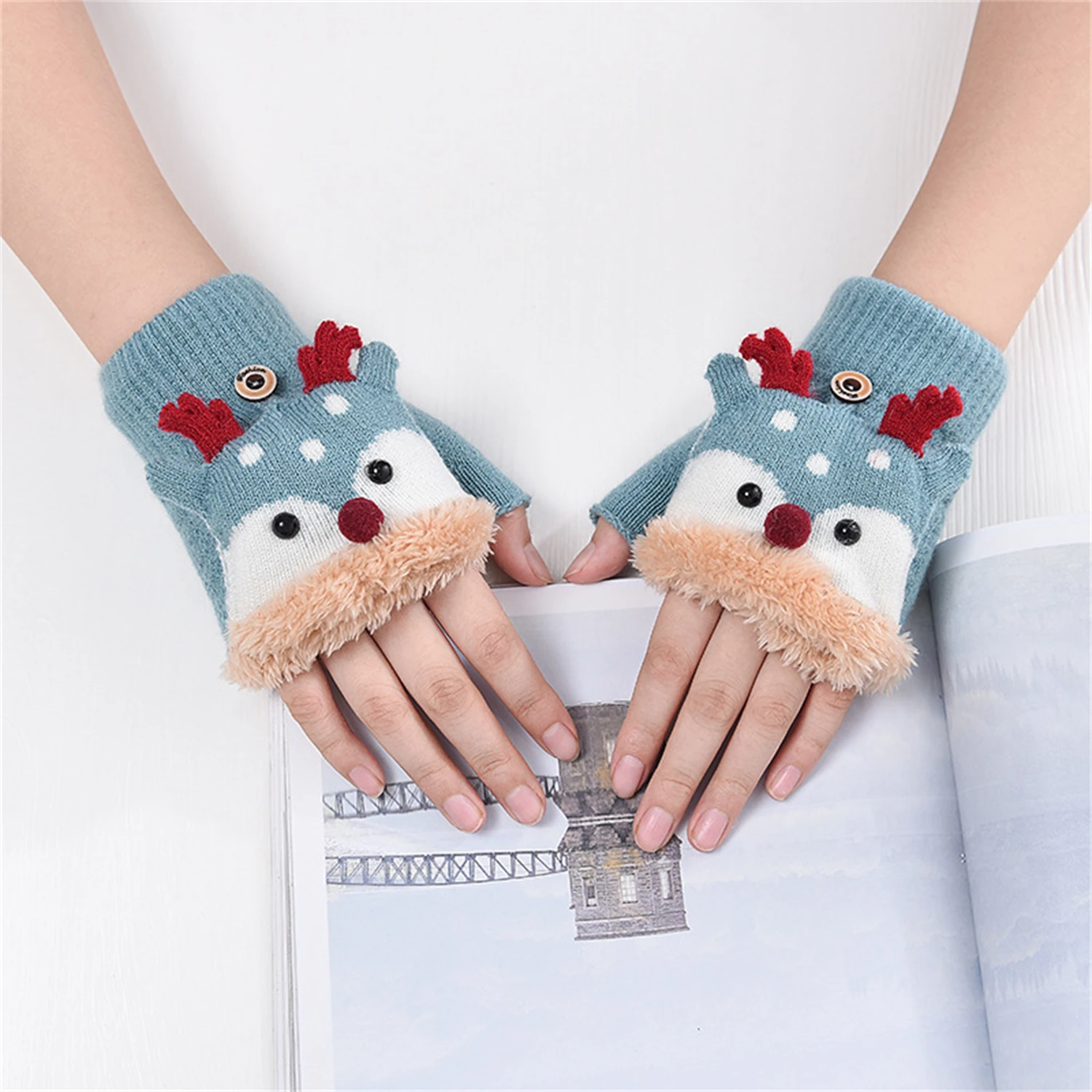 

Children's gloves for winter warmth, student plush, thickened flap, half finger knitted autumn and winter cartoon imitation cash