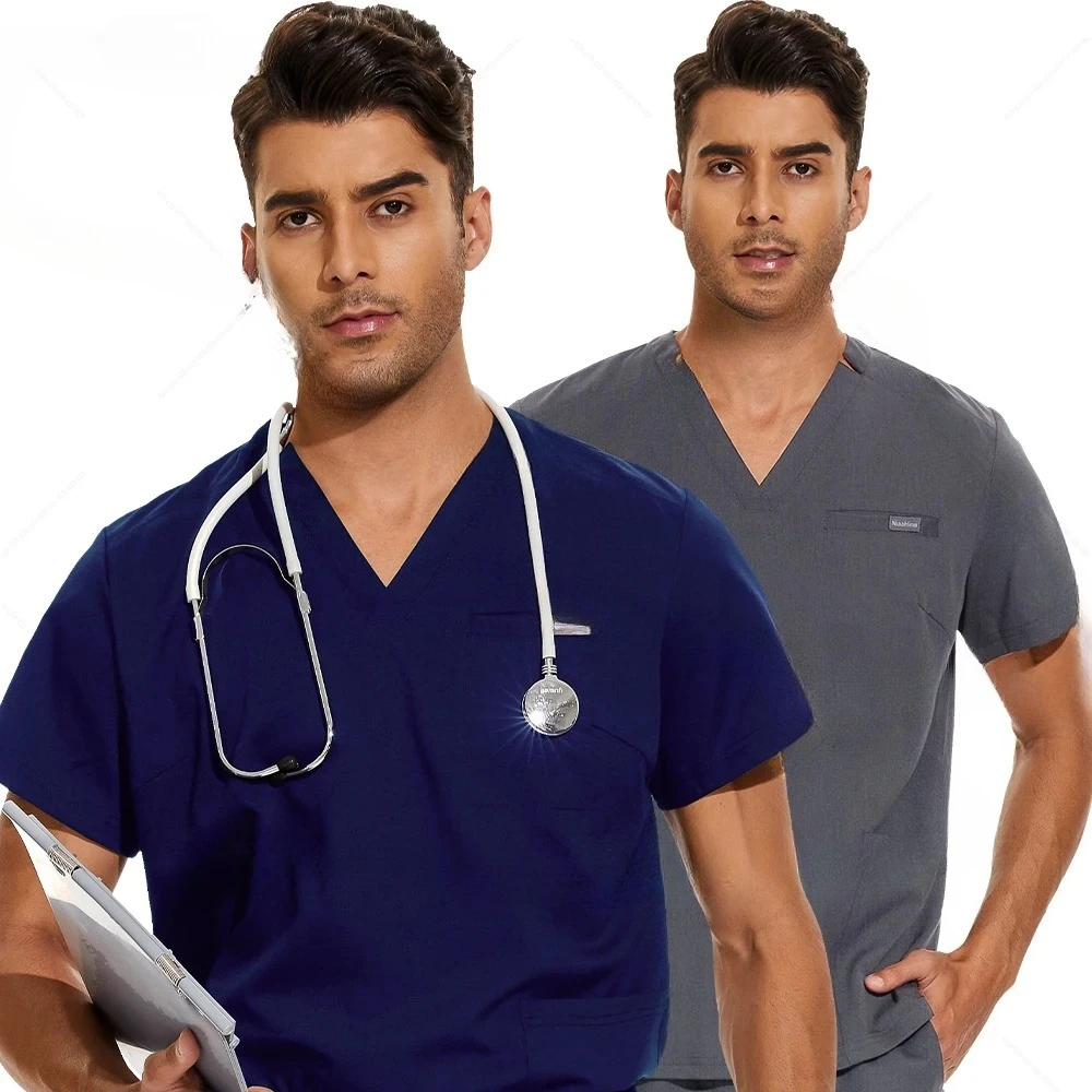 

2XL Clinical Workwear Men Scrubs Tops Medical Uniforms Nursing Work Shirts Classic V-Neck Clinical Scrub Top Short Sleeve Blouse