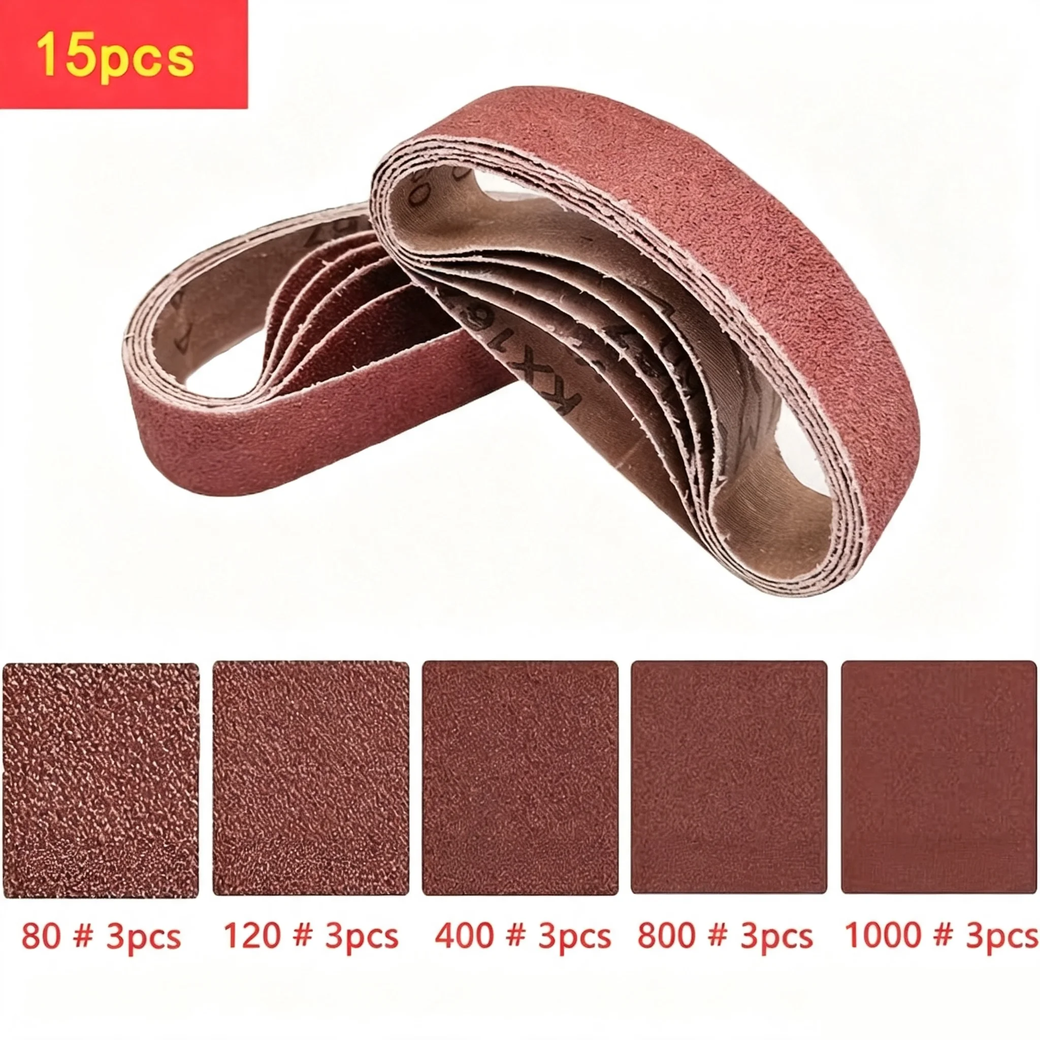 15Pcs 330*30mm Red Sand Belts Assorted 80-1000 Grit Aluminum Oxide Sandpaper Bands for Portable Belt Sander Wood Metal Grinding