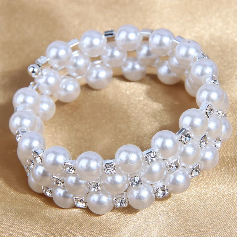 Multi Layers Handmade Elastic Crystal Pearl Bracelets Wide Pearl Bracelet For Women Wedding Jewelry Gift