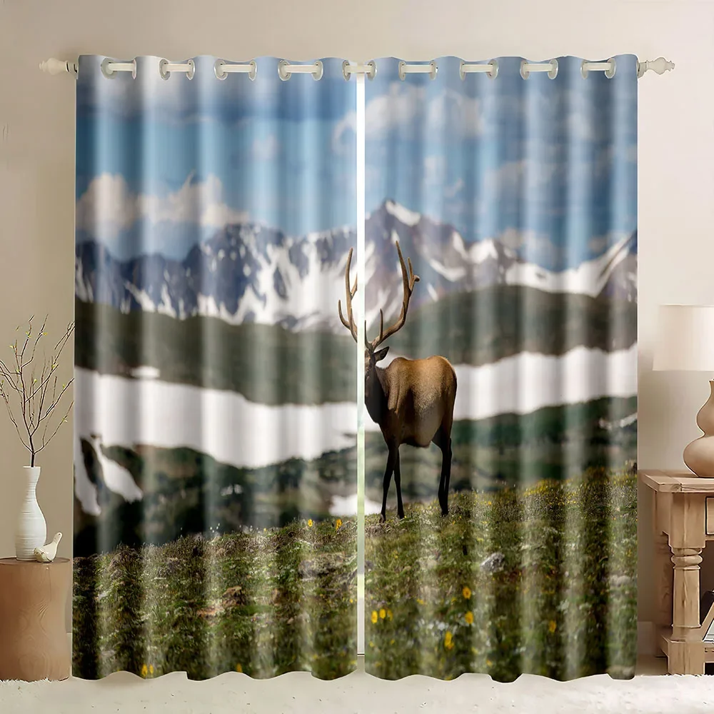 Deer Window Curtains Wildlife Animal Theme Whitetail Deer Elk Herd in Fall Forest Print Curtains Rod Pocket Blackout Curtains