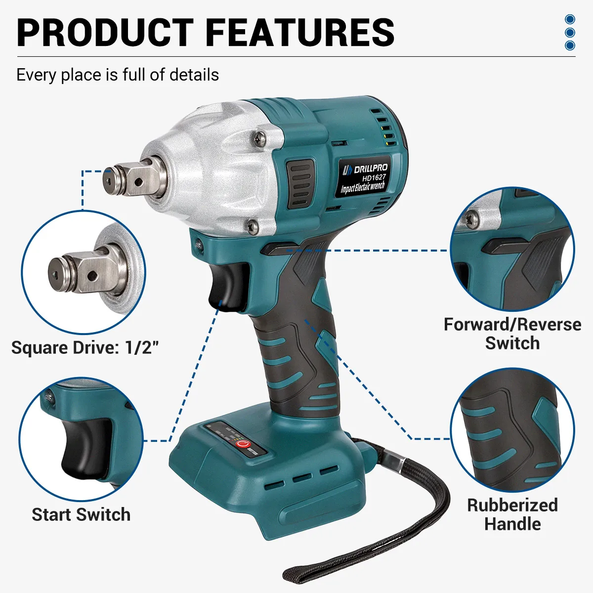 Electric Wrench 280Nm Torque 1/2 Inch Drive Cordless Wrench Screwdriver Drill Lithium-Ion Battery Power Tools For Makita Battery