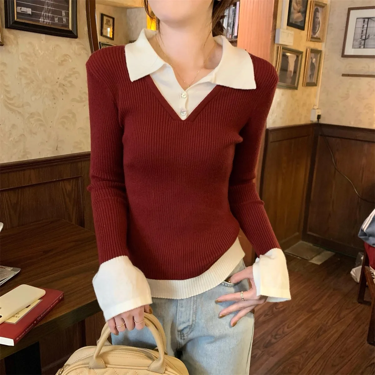 Korean Version Women's Autumn Long Sleeve T-Shirt Color Block Knitted Base Shirt Polo Collar Top Fake Two-Piece Ensemble Thicken