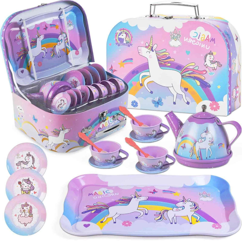 

WizKidz Unicorn Tea Party Set for Little Girls Pretend Purple Tin Teapot Cups Plates Carrying Case Birthday Gift for Kids Age 3+