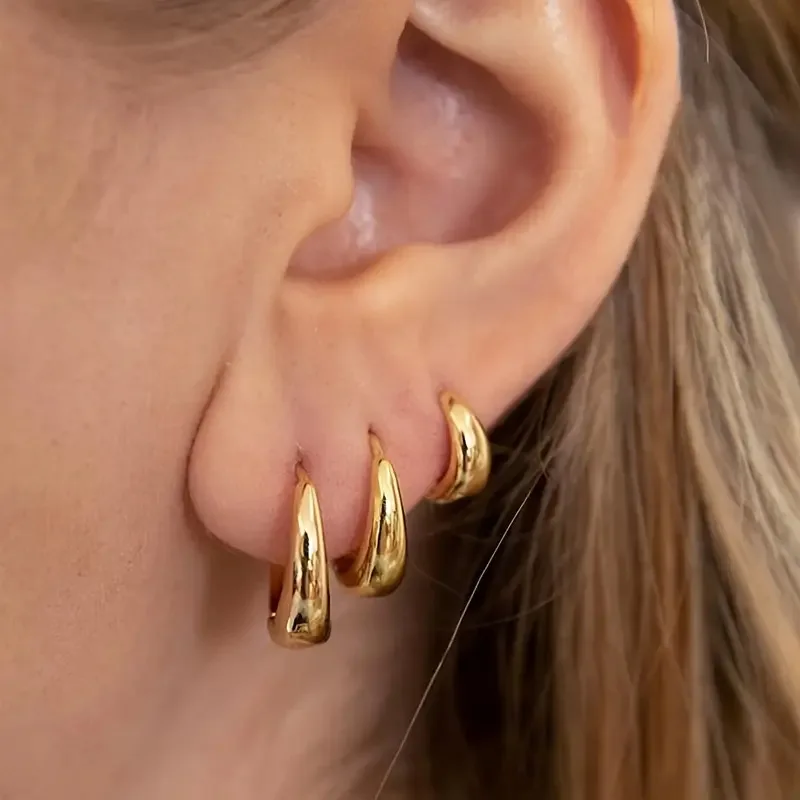 Ins Hot Selling Glossy Water Drop Huggie Hoop Earrings Multi Pack Gold Oval Small Medium Large Size Minimal Advanced Sense Lady