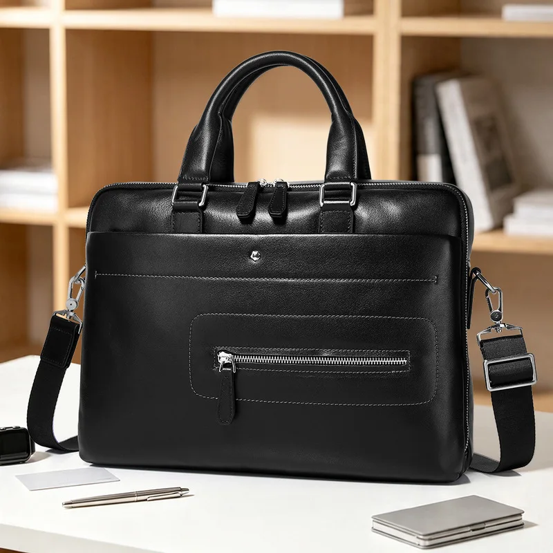 Genuine Leather Men's Briefcase Black Cowhide Business Handbag Large Capacity Laptop Bag 2-in-1 Crossbody Shoulder Bag for Work