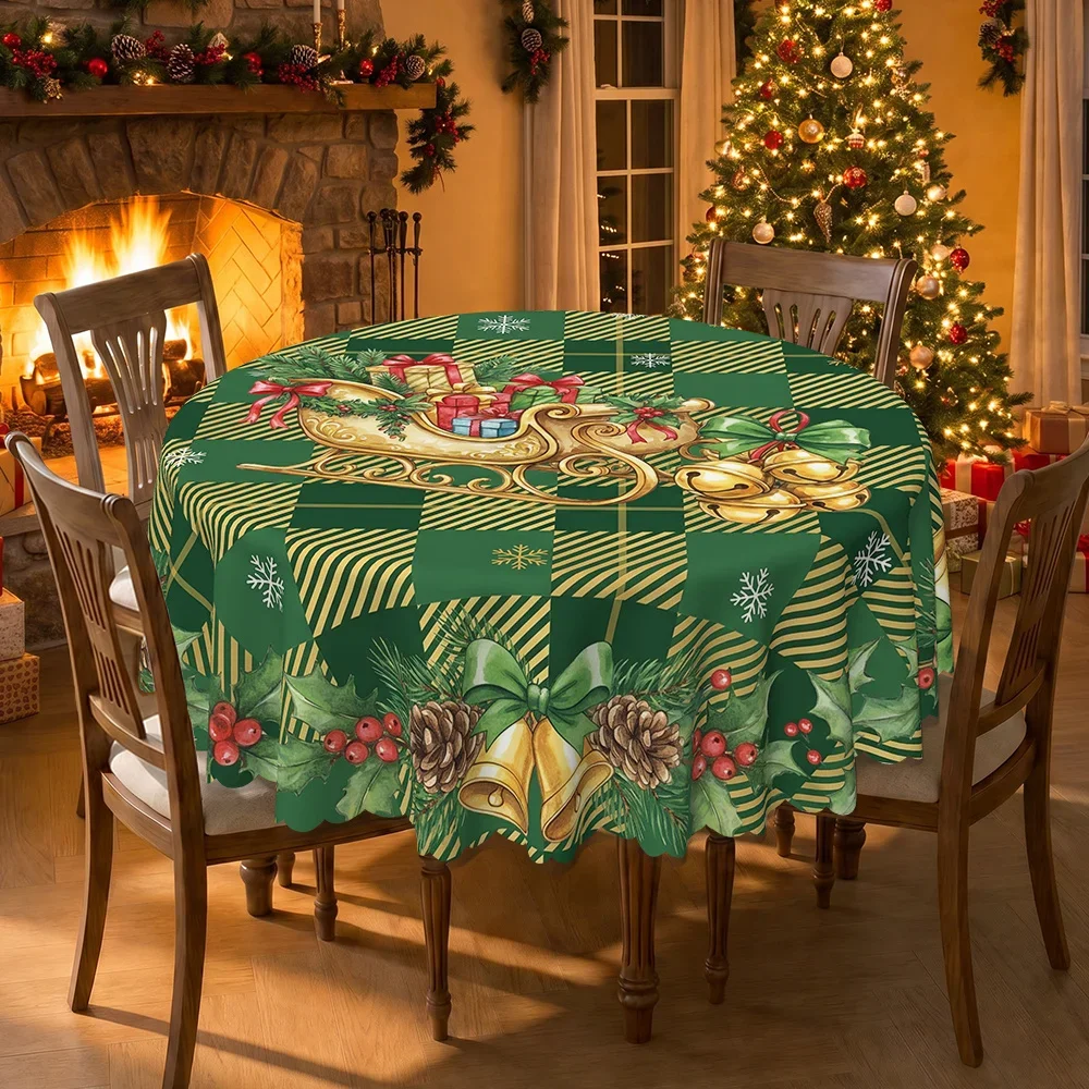 Christmas windmill bell holly pine cone polyester printed tablecloth, round table cover, suitable for home decoration, weddings
