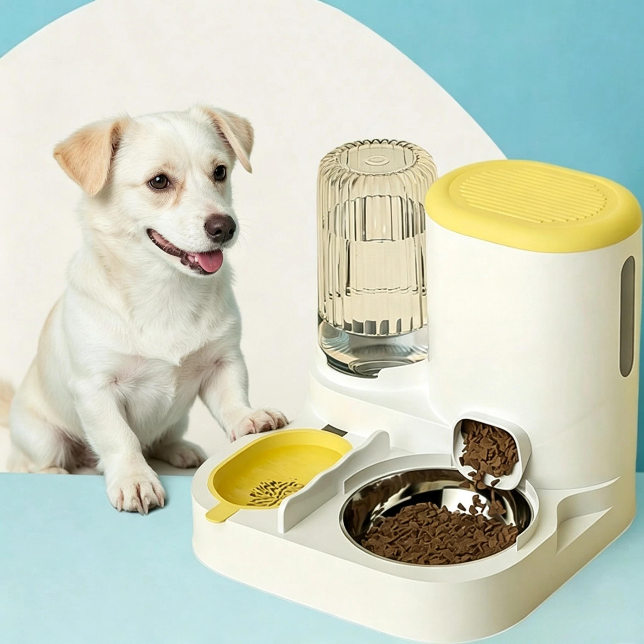 2 In 1 Automatic Pet Feeder Water Dispenser Detachable Washable Auto Feeding Station Stainless Steel Cat Food Bowl Siphon Refill No Overflow Water Bowl For Indoor Cats Kittens Small Puppies Dogs
